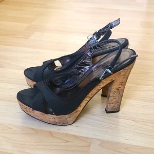 F24 Heels Black Open Toe 5 inch Cork Strappy Slingback Sandals Womens Size 7